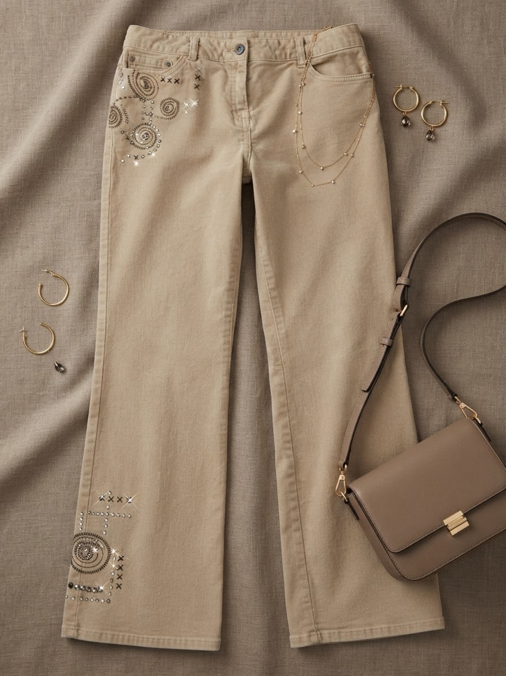 hearts of palm Khaki Embellished Wide-Leg Jeans